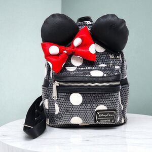 Loungefly Disney Parks Minnie Mouse Sequined Black Polka-Dot Backpack Mouse Ears